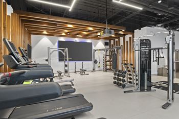 a gym with treadmills and weights and a tv on the wall at Deca Apartments, Greenville, South Carolina